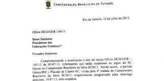 CBF suspende partida entre Genus-RO e Plácido de Castro-AC Ofício CBF