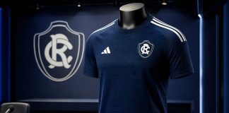 Arte conceitual mostra camisa azul-marinho do Remo com detalhes em branco e referência à Adidas