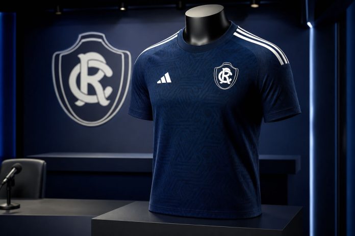 Arte conceitual de uniforme do Remo com fornecedora Adidas Arte conceitual mostra camisa azul-marinho do Remo com detalhes em branco e referência à Adidas